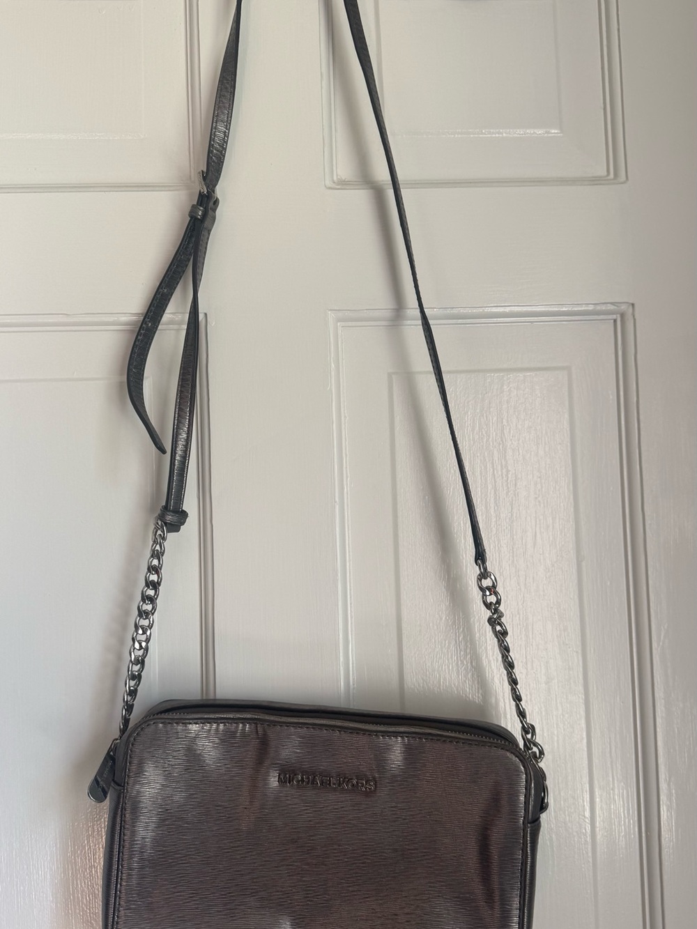 Michael Kors Metallic Gray Crossbody with Chain Strap